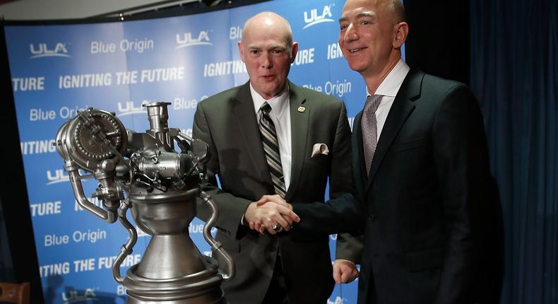 Jeff Bezos (R), the founder of Blue Origin and Amazon.com, and Tory Bruno (L), CEO of United Launch Alliance.
