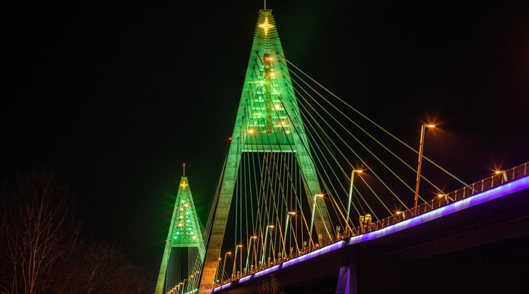 Ezüstvasárnaptól extra díszítésben pompáznak a Megyeri híd „karácsonyfái” / Fotó: Facebook/Magyar Közút