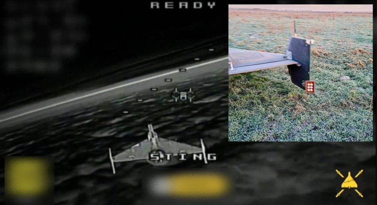 Rosyjski dron widziany z ukraińskiego drona przechwytującego i nowy element wyposażenia dronów Geran-2