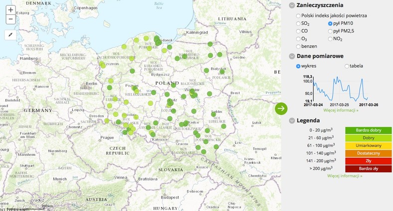 Stężenie pyłu PM10 - 2017-03-26 od godziny 04:00 do 05:00