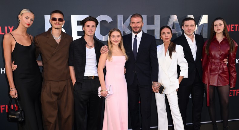 Mia Regan, Romeo Beckham, Cruz Beckham, Harper Beckham, David Beckham, Victoria Beckham, Brooklyn Beckham, and Nicola Peltz-Beckham at the Beckham UK premiere.Karwai Tang/WireImage