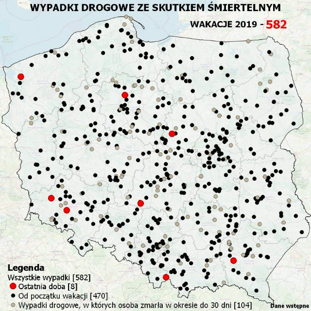 Mapa wypadków drogowych ze skutkiem śmiertelnym – WAKACJE 2019