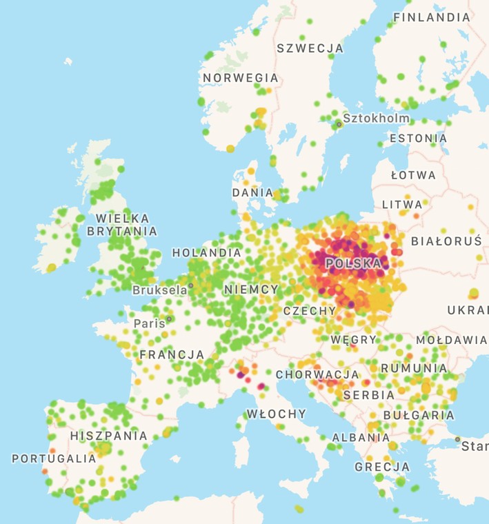 Zanieczyszczenie powietrza w Europie na mapie Airly