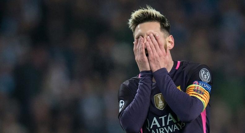 Barcelona's Lionel Messi reacts during their UEFA Champions League Group C match against Manchester City, at the Etihad Stadium in Manchester, on November 1, 2016