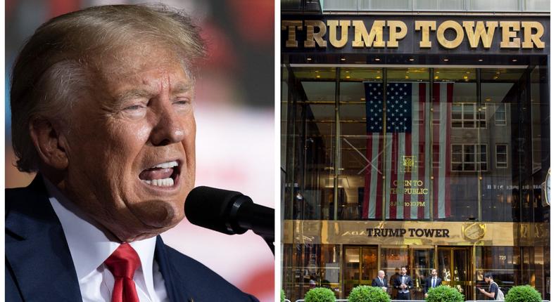 Donald Trump speaking at the Minden Tahoe Airport in Minden, Nevada, on October 8, 2022, left, and the exterior of Trump Tower, home of the Trump Organization headquarters, in July of 2021, right.Jos Luis Villegas/AP, left; Ted Shaffrey/AP, right.