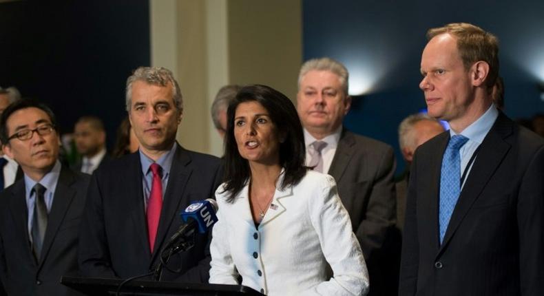 US Permanent Representative to the United Nations, Nikki Haley, speaks outside the United Nations General Assembly on March 27, 2017 in New York