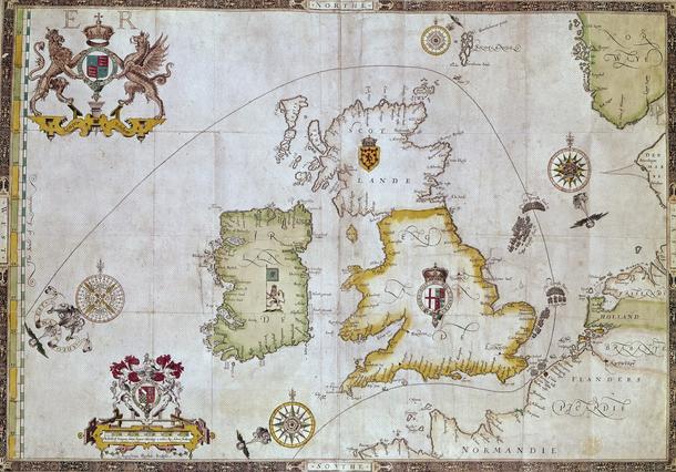 Mapa przedstawiająca pozycje hiszpańskiej Armady i angielskiej Royal Navy, 1588. Rycina Augustine’a Rythera z „Expeditionis Hispanorum, 1590 r.