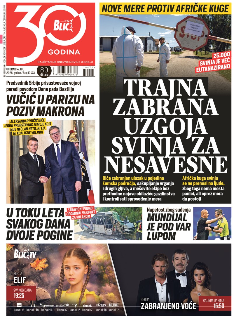 Blic naslovna strana za 14.7.