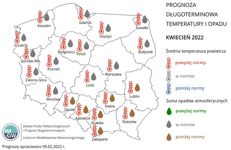 Prognoza temperatury i opadów na kwiecień