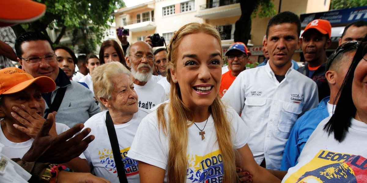 Lilian Tintori, the wife of jailed opposition leader Leopoldo Lopez, protesting in front of OAS's Caracas office.
