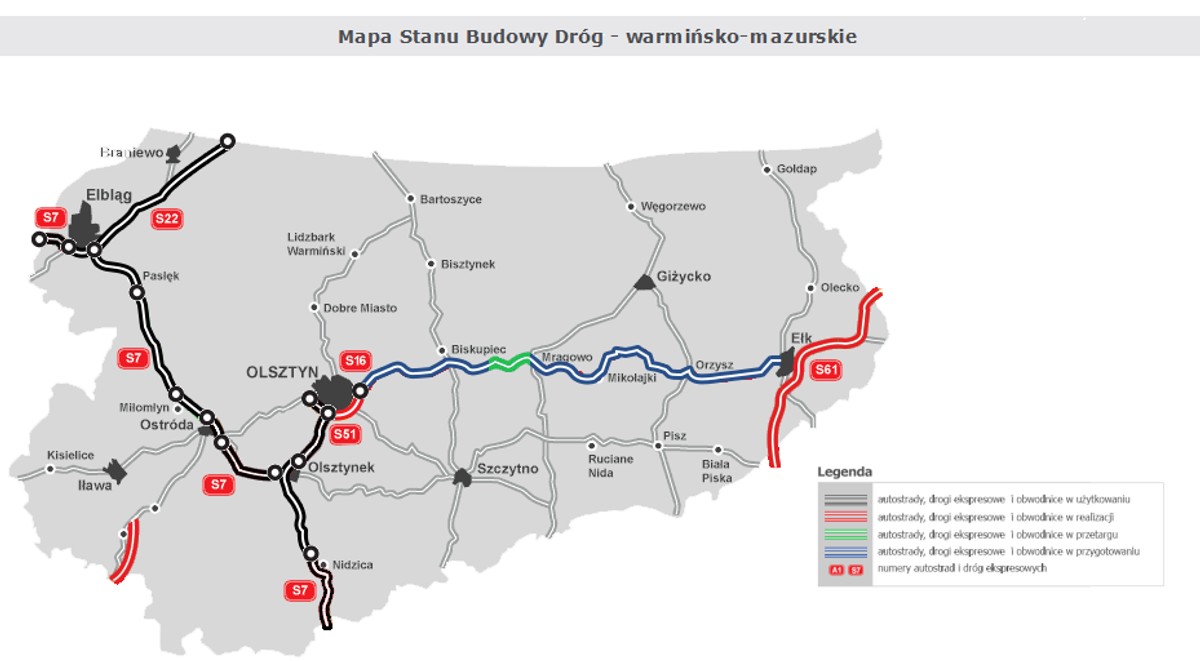 Mapa stanu budowy dróg - woj. warmińsko-mazurskie, źródło: GDDKiA