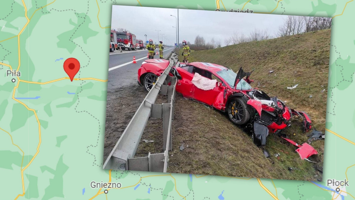 Groźny wypadek z udziałem Ferrari. Samochód został zmiażdżony