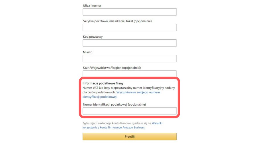 Fragment formularza rejestracyjnego z polem na numer VAT lub NIP do wypełnienia.
