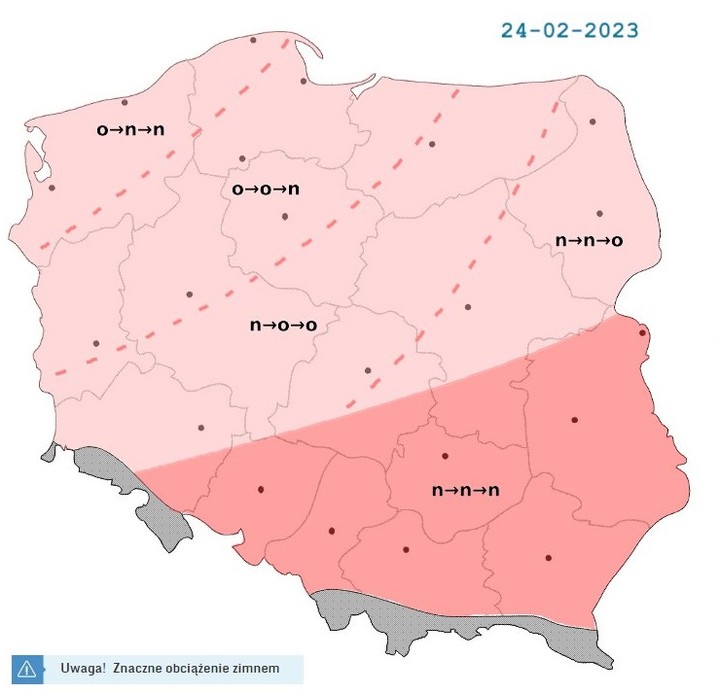 Biometeorologiczna ocena pogody prognozowanej na 24.02.2023. Źródło: IMGW-PIB