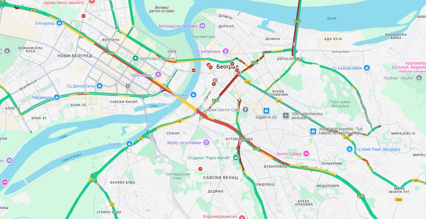 Mapa gužvi u Beogradu