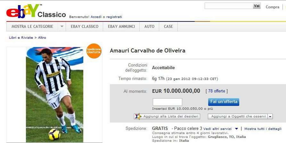 Kibic Juventusu chciał sprzedać piłkrza na ebay'u