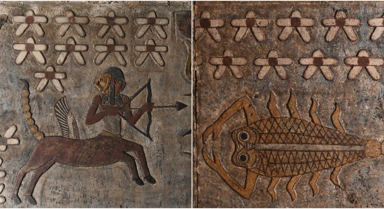 These two ancient Egyptian zodiac signs were uncovered in the Temple of Esna, Egypt. On the left is a Sagittarius, and on the right is a Scorpio.Ahmed Emam, Ministry of Tourism and Antiquities