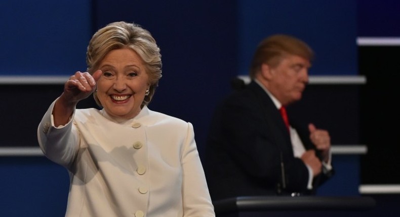 Democratic presidential nominee Hillary Clinton leaves the stage following the final US presidential debate with Republican nominee Donald Trump in Las Vegas on October 19, 2016