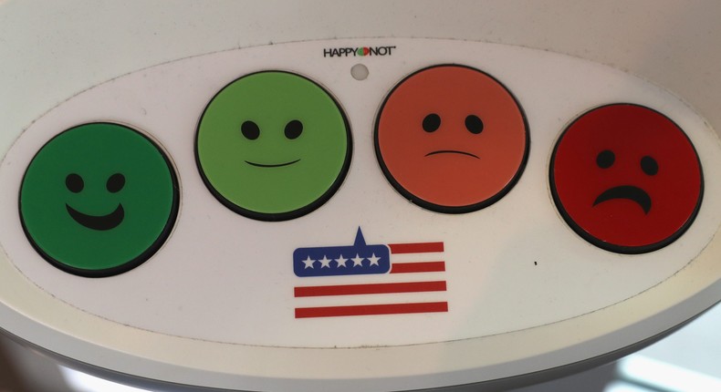 A happiness response monitor awaits immigrants departing the US Citizenship and Immigration Service in Irving, Texas.John Moore/Getty Images