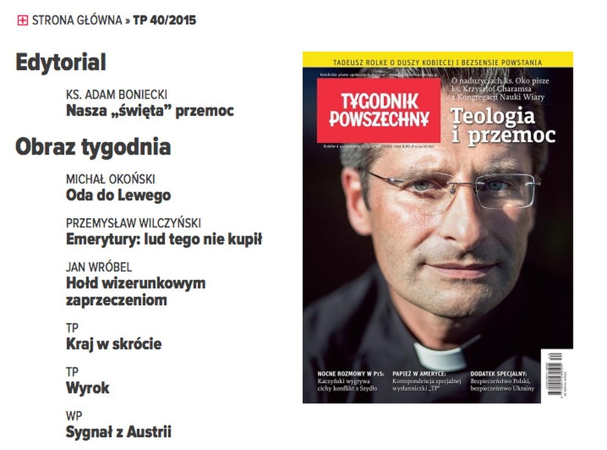 Ksiądz Krzysztof Charamsa na okładce "Tygodnika Powszechnego" (źródło: www.tygodnikpowszechny.pl)