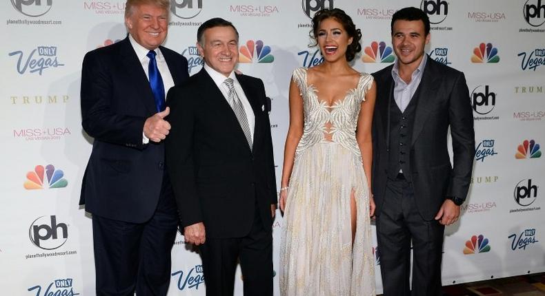 Donald Trump in Las Vegas in 2013 with Russian businessman Aras Agalarov, Miss Universe 2012 Olivia Culpo and Russian singer Emin Agalarov