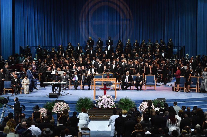 Flowers are seen on the casket of the late singer Aretha Franklin as it is laid to rest at her buria