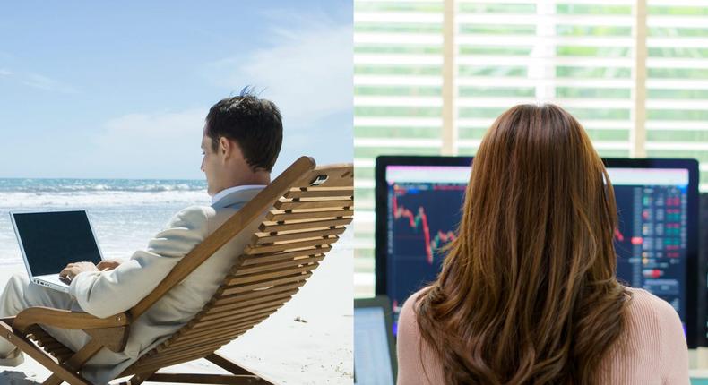 Remote work has been a mixed bag for many women. Some men are making six figures secretly working multiple remote jobs. (Left) ZenShui/Sigrid Olsson, via Getty Images, (Right) Getty Images