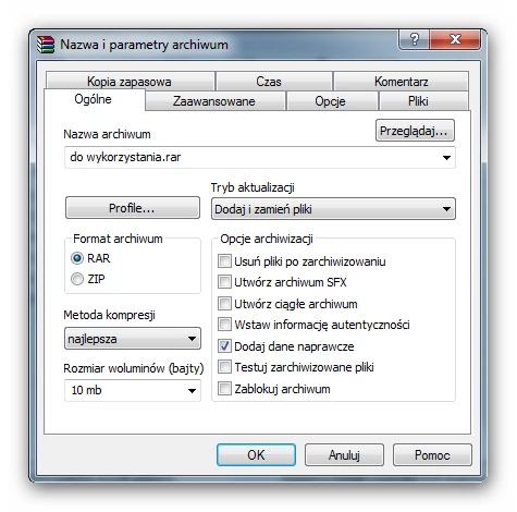 WinRAR kompresuje pliki tylko w dwóch formatach ZIP, oraz RAR. Może także tworzyć pliki SFX, czyli aplikacje .exe, które rozpakujemy bez archiwizera. Niestety to niezbyt dobre rozwiązanie, jeśli planujemy wysłać .exe jako załącznik do maila. Większość programów antywirusowych podejrzliwie traktuje takie załączniki. WinRAR pozwala także dzielić pakowane pliki na mniejsze porcje