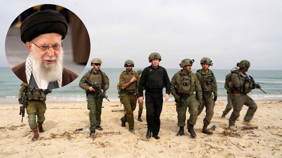 Minister obrony Izraela Joaw Galant z żołnierzami w Strefie Gazy, Rafah, 13 marca 2024 r.; Najwyższy przywódca Iranu ajatollah Ali Chamenei w Teheranie, Iran, 1 marca 2024 r. (zdjęcie ilustracyjne)