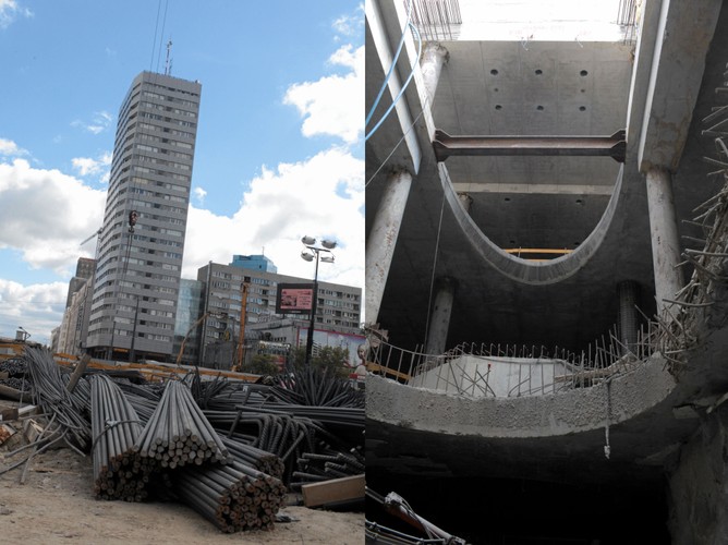 Warszawa, skrzyżowanie ul. Świętokrzyskiej i Marszałkowskiej. Plac budowy stacji przesiadkowej pomiędzy I i II linią metra na stacji Metro Świętokrzyska