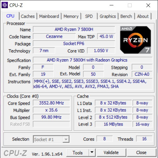 Lenovo Legion 5 15″ (15ACH6H) – CPU-Z – specyfikacja procesora AMD Ryzen 7 5800H