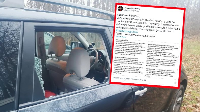 Zdjęcie zniszczonego samochodu należącego do członków grupy Medycy na Granicy, oraz ich oświadczenie