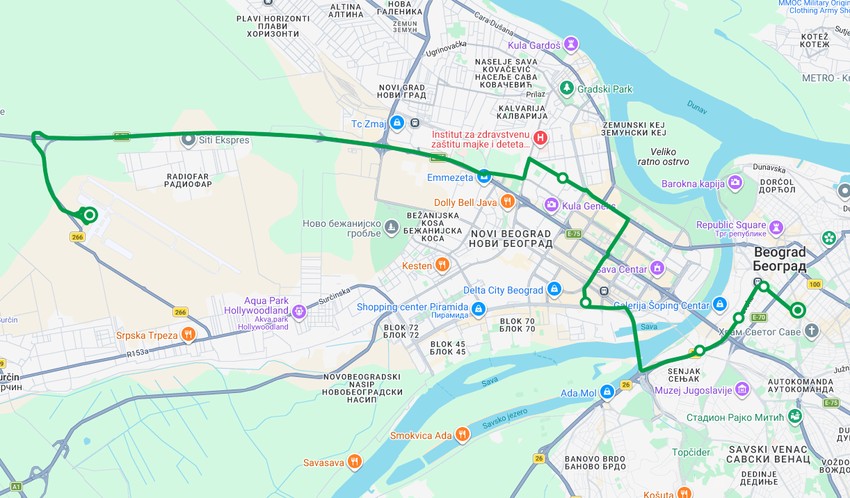 Trasa linije A1 u smeru ka aerodromu Nikola Tesla