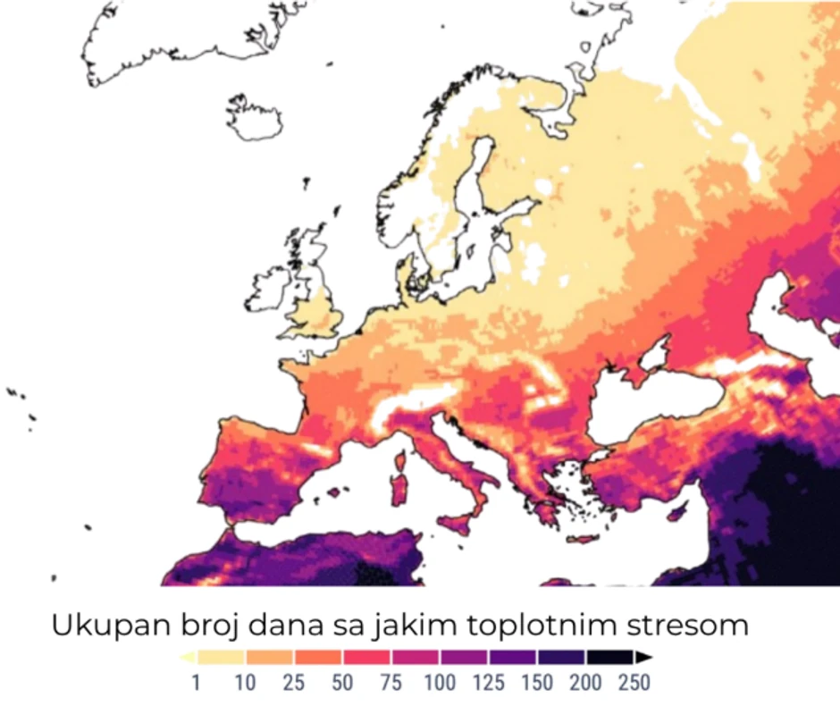 Broj dana sa jakim toplotnim stresom tokom 2025 godine