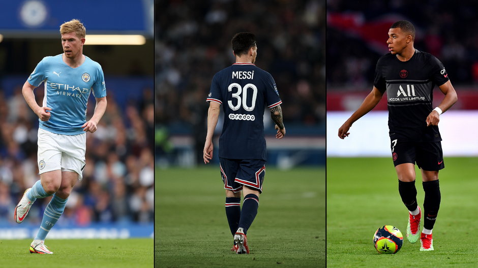 Kevin de Bruyne, Leo Messi, Kylian Mbappe