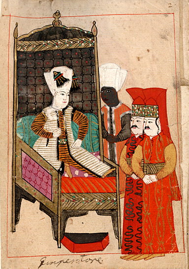 18-letni sułtan Mehmed IV na swoim tronie w obecności czarnoskórego eunucha