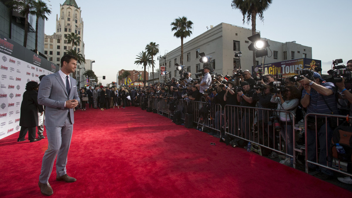 Cast member Hemsworth poses at the premiere of "Avengers: Age of Ultron" at Dolby theatre in Hollywood