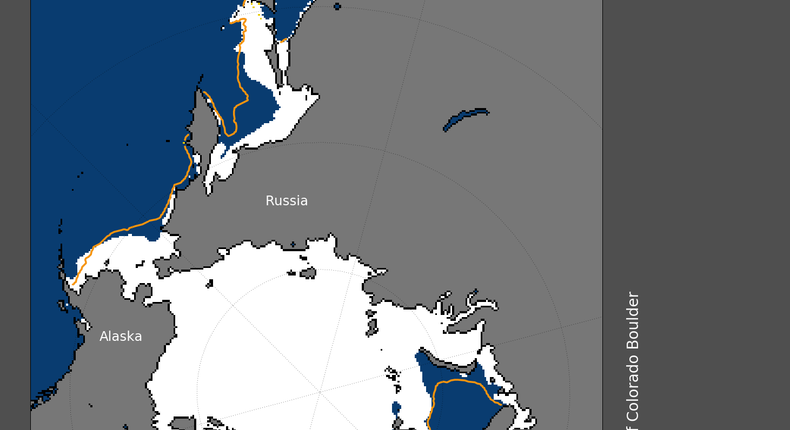 Arctic sea ice extent for March 7, 2017 was 14.42 million square kilometers (5.57 million square miles). The orange line shows the 1981 to 2010 median extent for that day.