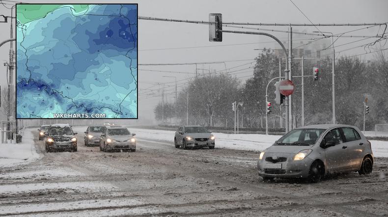 W czwartek do Polski zacznie napływać następna porcja zimna. W wielu miejscach spadnie też śnieg (mapa: wxcharts.com)