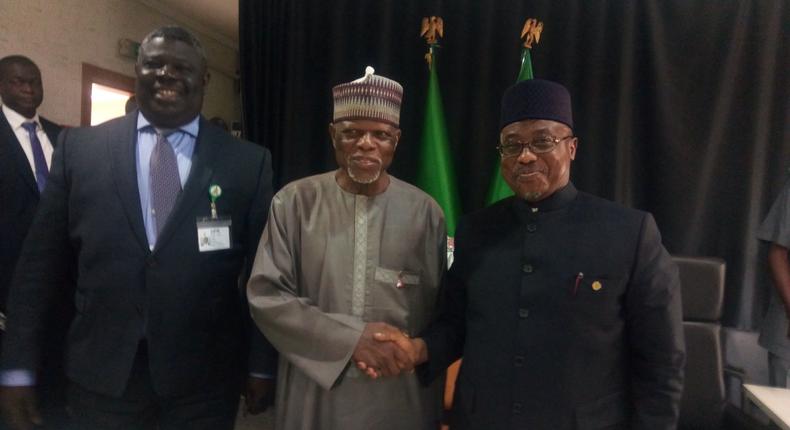 L-R: Director DPR, Ladan Dantani, Col. Hameed Ali (rtd), and GMD NNPC, Dr Maikanti Baru after the meeting on Tuesday. (NAN Photos)