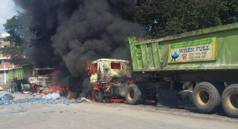 A truck burnt by Mombasa Technical University students