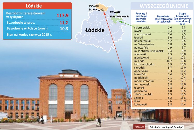 Stopa bezrobocia rejestrowanego w województwie Łódzkim wynosi 11,2 proc, o 1,2 pkt proc. więcej niż wynosi wskaźnik dla całej Polski. Odpowiada to 117,9 tys. ludzi bez pracy. <br><br>Najlepsza sytuacja pod względem zatrudnienia jest w powiecie skierniewickim, gdzie bez pracy pozostaje 100 osób, co odpowiada 6,3 proc. ludzi zdolnych do pracy. <br><br>Największe bezrobocie rejestrowane odnotowano w powiecie kutnowskim, gdzie bezrobotnych jest 5,8 tys. ludzi, co owocuje stopą bezrobocia w wysokości 14,4 proc. <br><br>W samym mieście Łódź stopa bezrobocia wynosi 10,8 proc. co odpowiada 36,7 tys. ludzi.