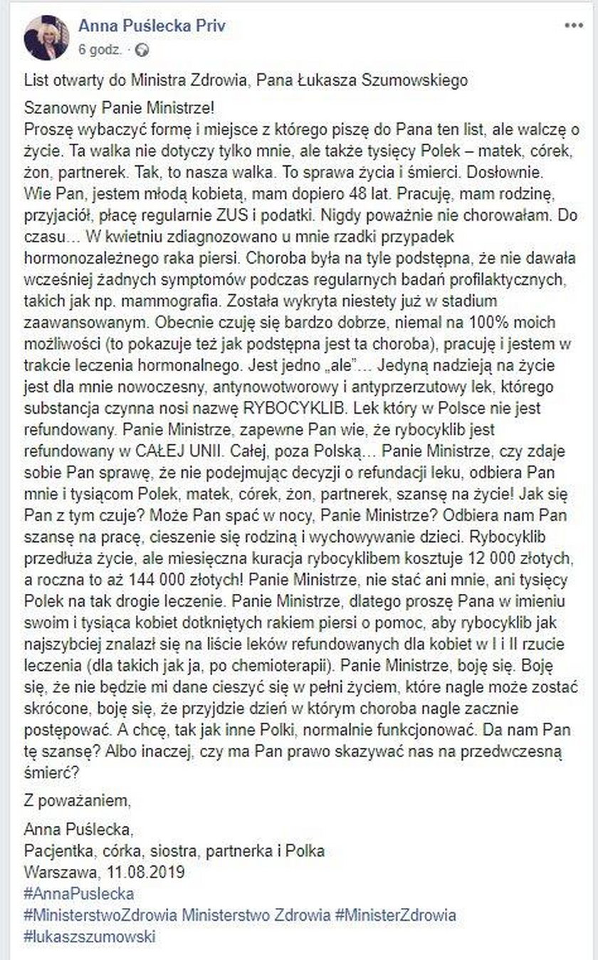 Apel Anny Puśleckiej do ministra zdrowia