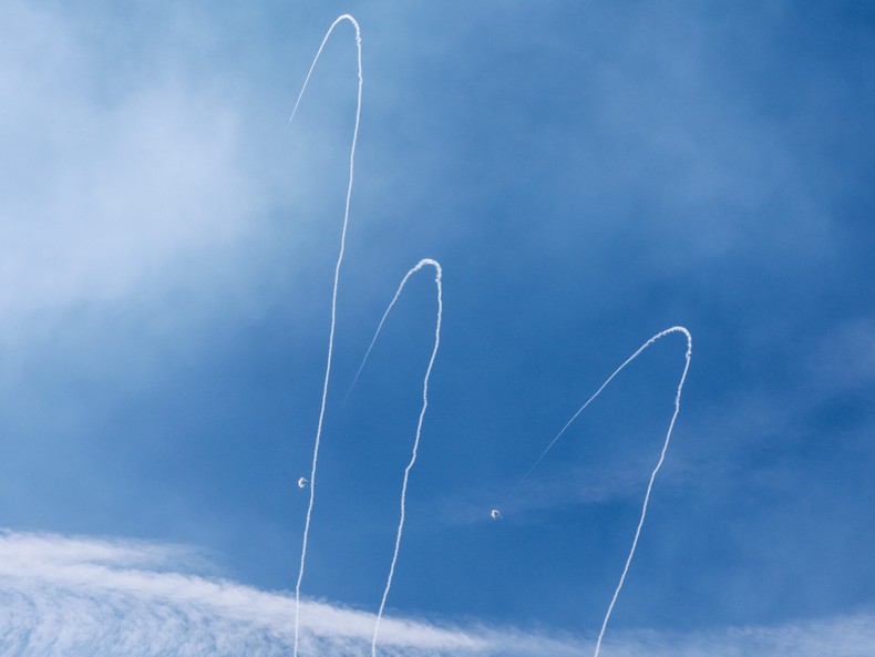 2. Israel's Iron Dome anti-missile system intercepts rockets fired from Gaza in Ashkelon in southern Israel.