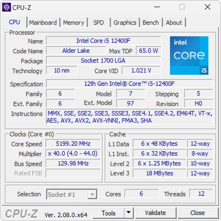 Intel Core i5-12400F – CPU-Z – maksymalne taktowanie 5,2 GHz dla wszytsich rdzeni