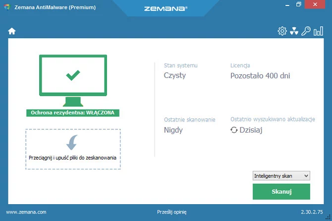 Główne okno programu do usuwania złośliwego oprogramowania - Zemana AntiMalware Premium