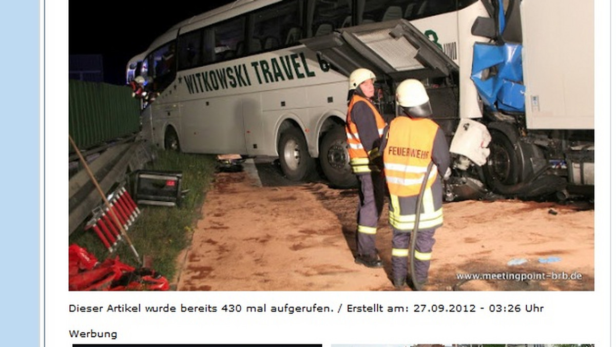 Na niemieckiej autostradzie A10, niedaleko Poczdamu, doszło w nocy do wypadku z udziałem polskiego autokaru i ciężarówki. Dwie osoby nie żyją, a czternaście jest rannych - to najnowszy bilans wypadku.