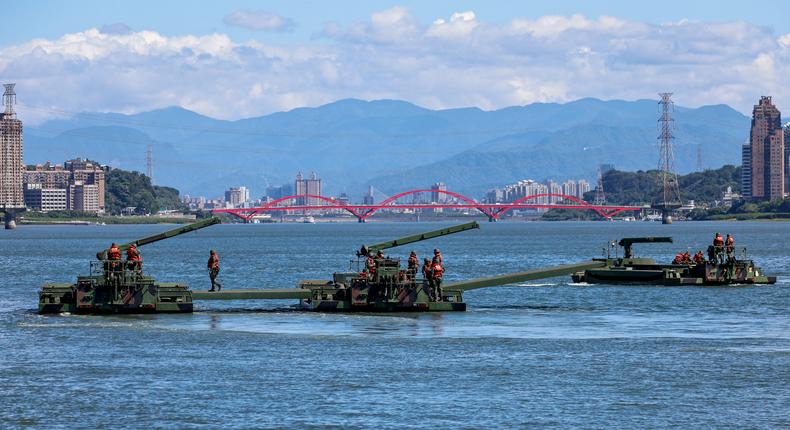 Soldiers on board an amphibious ferrying vehicle take part in a river defense exercise as part of the annual Han Kuang military drill, at Tamsui River in New Taipei, Taiwan.Daniel Ceng/Anadolu via Getty Images