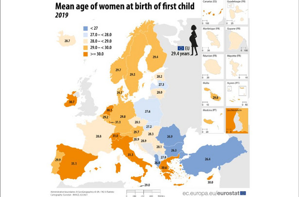 Średni wiek kobiet w chwili urodzenia pierwszego dziecka w 2019