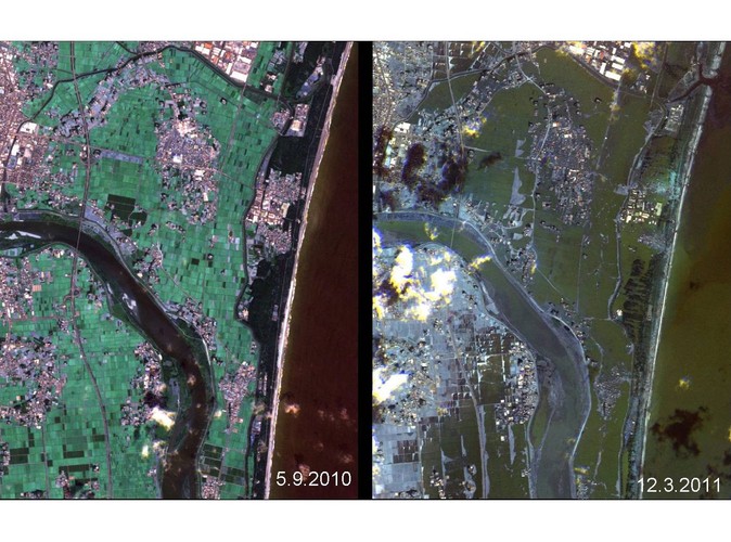 Zdjęcia wykonane przez satelitę RapidEye, przedstawiające północno-wschodnią część Japonii. Obraz po lewej pochodzi z 5 września 2010, po prawej - z 12 marca 2011